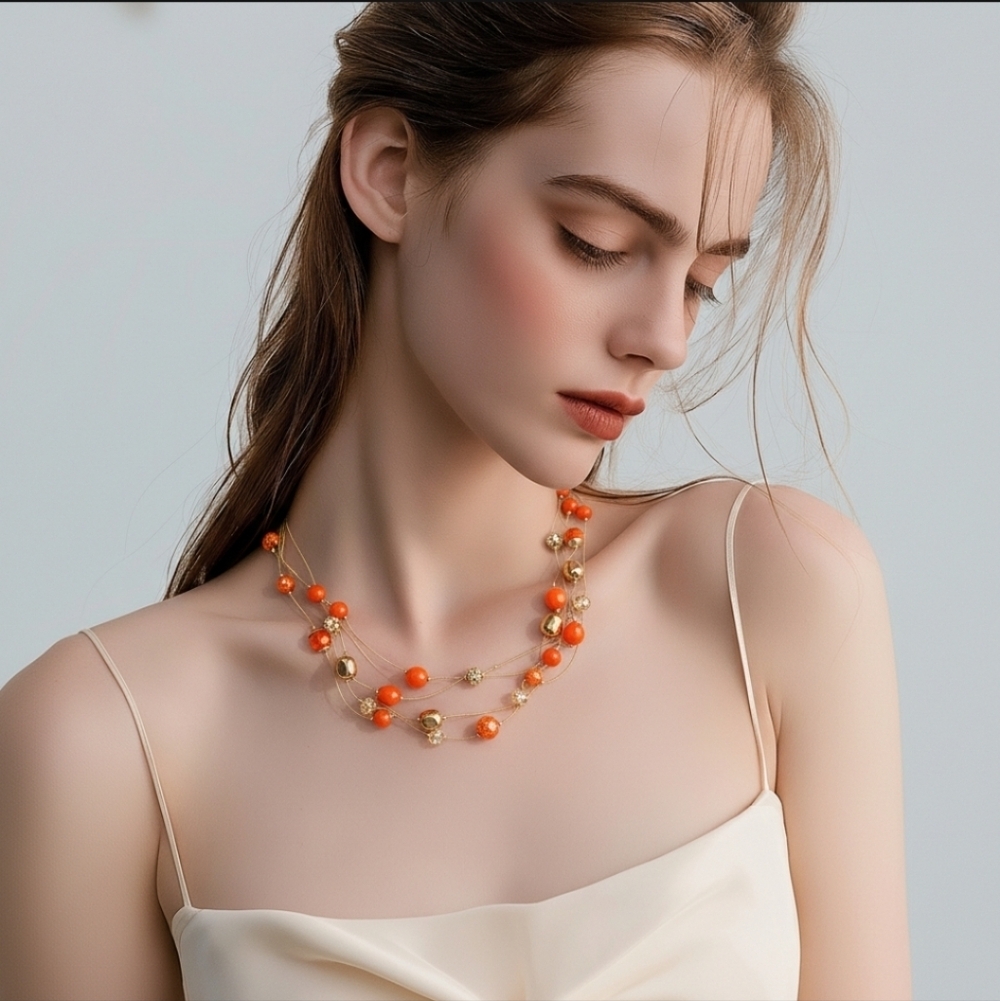 Lane Bryant Vibrant Orange and Gold Beaded Necklace